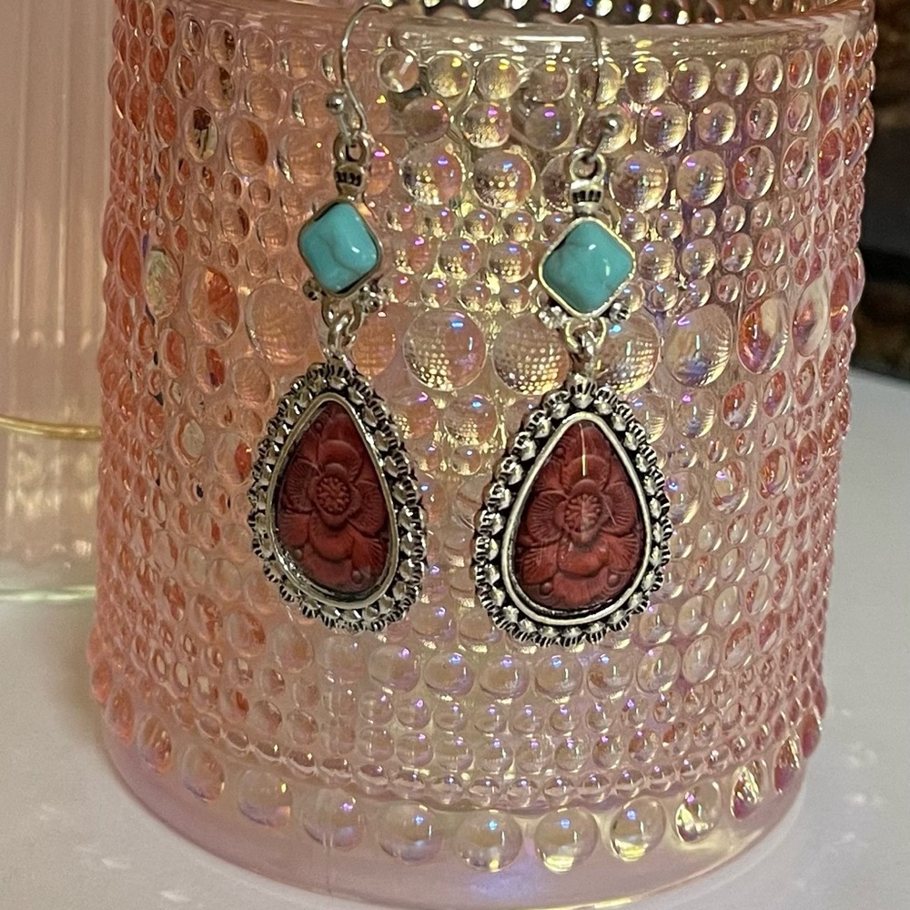 Brown and Turquoise Dangle Earrings with Ornate Design